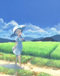 Rule 34 | 1girl, blonde hair, blue eyes, day, dress, holding, holding umbrella, lowres, original, outdoors, rural, slippers, solo, umbrella, weno, weno&#039;s blonde original character