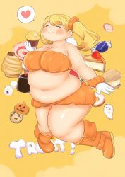 Rule 34 | 1girl, blonde hair, blush, bou (starless2323), breasts, cleavage, closed eyes, cupcake, fat, food, fusa (starless2323), halloween, headphones, heart, highres, huge breasts, muffin, navel, nitroplus, short hair, smile, solo, spoken heart, super pochaco, thick arms, twintails