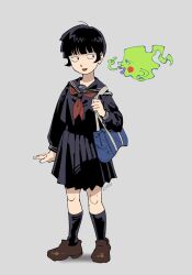 Rule 34 | 1boy, 1girl, bag, black eyes, black hair, black serafuku, black socks, commentary, dress, ekubo (mob psycho 100), english commentary, genderswap, genderswap (mtf), highres, holding, holding bag, kageyama shigeo, kyokyeo, medium skirt, mob psycho 100, pleated dress, school bag, school uniform, serafuku, short hair, skirt, socks