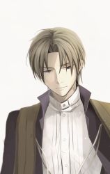 Rule 34 | 10s, 1boy, bad id, bad pixiv id, brown hair, closed mouth, heshikiri hasebe, looking to the side, male focus, purple eyes, simple background, solo, touken ranbu, upper body, yu (lovepayon)