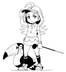 Rule 34 | &gt;:&lt;, 1girl, :&lt;, ahoge, bad id, bad twitter id, belt, bird, bracelet, breasts, buttons, closed mouth, collared shirt, creatures (company), elite four, frown, full body, game freak, gen 7 pokemon, gloves, golf club, greyscale, hand on headwear, hard-boiled yoshiko, holding, jewelry, kahili (pokemon), kneehighs, lineart, long hair, looking away, looking to the side, miniskirt, mole, mole under eye, monochrome, nintendo, pencil skirt, pokemon, pokemon (creature), pokemon sm, shirt, shoes, short sleeves, simple background, single glove, skirt, small breasts, sneakers, socks, standing, striped clothes, striped shirt, toucan, toucannon, v-shaped eyebrows, white background, z-ring