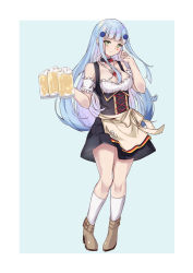 Rule 34 | 1girl, 404 logo (girls&#039; frontline), alcohol, barmaid, beer, beer mug, blue hair, breasts, cleavage, commentary request, corset, cup, fuyukin chiba, german clothes, german flag, girls&#039; frontline, green eyes, highres, hk416 (girls&#039; frontline), large breasts, long hair, mug, oktoberfest, solo