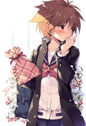 Rule 34 | 1girl, absurdres, averting eyes, bag, black jacket, blue sailor collar, blue skirt, blush, brown hair, cardigan, carrying, closed mouth, commentary, eguchi sera, embarrassed, flower, frown, gakuran, gift, hand to own mouth, highres, holding, holding gift, jacket, long sleeves, neckerchief, odawara hakone, open clothes, open jacket, pleated skirt, red eyes, red neckerchief, sailor collar, saki (manga), school bag, school uniform, senriyama school uniform, serafuku, short hair, skirt, solo, sweatdrop, valentine, white cardigan