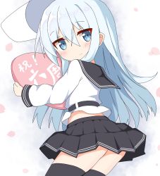 Rule 34 | 1girl, black sailor collar, black skirt, black thighhighs, blue eyes, blue hair, blush, closed mouth, commentary request, hair between eyes, hat, heart, hibiki (kancolle), highres, hugging object, ichi (ichi.colors), kantai collection, long hair, long sleeves, looking at viewer, looking to the side, petals, pleated skirt, sailor collar, shirt, skirt, smile, solo, thighhighs, translation request, unworn hat, unworn headwear, verniy (kancolle), very long hair, white background, white hat, white shirt