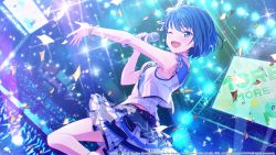 Rule 34 | 1girl, ;d, blue eyes, blue hair, bracelet, commentary, confetti, hair ornament, highres, jewelry, kiritani haruka, lace, lace-trimmed shirt, lace trim, looking at viewer, microphone, music, official art, one eye closed, open mouth, project sekai, shirt, short hair, singing, smile, solo, stage