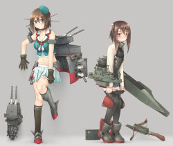 Rule 34 | 10s, 2girls, blue eyes, blush, bow (weapon), breasts, brown eyes, brown hair, cleavage, crossbow, gloves, grey background, hair ornament, hairclip, hat, headgear, highres, kantai collection, leg up, looking at viewer, machinery, maya (kancolle), midriff, multiple girls, navel, panties, panty pull, pink panties, pleated skirt, radio antenna, rigging, short hair, simple background, skirt, taihou (kancolle), temurei (vovovov), thighhighs, turret, underwear, wavy mouth, weapon, white panties