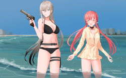 Rule 34 | 2girls, :d, ^ ^, bare arms, bare shoulders, bikini, black bikini, black hair, blue sky, blush, breasts, chihuri, cigarette, cleavage, closed eyes, collarbone, day, drawstring, gradient hair, grey eyes, grey hair, gun, hair between eyes, hair ribbon, highres, holding, holding gun, holding weapon, hood, hood down, hooded jacket, jacket, large breasts, long hair, long sleeves, low twintails, mouth hold, multicolored hair, multiple girls, navel, open clothes, open jacket, open mouth, original, outdoors, pink hair, ribbon, sky, smile, swimsuit, thigh strap, twintails, very long hair, wading, water, weapon, weapon request, white bikini, white ribbon, yana (chihuri), yellow jacket, zoya petrovna vecheslova