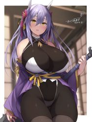Rule 34 | 1girl, bare shoulders, blush, bodystocking, breasts, club, club (weapon), cowboy shot, holding club, horns, huge breasts, long hair, looking at viewer, oni, oni horns, original, purple hair, solo, spiked club, thighs, weapon, yellow eyes, yoshikawa hideaki