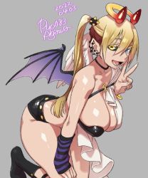 Rule 34 | 1girl, agawa ryou, arm support, arm warmers, artist name, bare shoulders, black choker, black sclera, black shorts, black socks, blonde hair, blue eyes, breasts, bursting breasts, choker, cleavage, collarbone, colored sclera, commentary, dated, demon wings, ear piercing, english commentary, full body, grey background, hair between eyes, hair ornament, halo, hand up, heterochromia, horns, kneeling, large breasts, leg strap, long hair, mismatched wings, multicolored hair, numbered, open mouth, original, piercing, red hair, short shorts, shorts, simple background, skindentation, smile, socks, solo, striped arm warmers, twintails, two-tone hair, v, very long hair, white wings, wings, yellow eyes