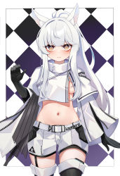 Rule 34 | 1girl, absurdres, animal ear fluff, animal ears, arknights, black gloves, black thighhighs, breasts, brown eyes, checkered background, commentary request, cowboy shot, crop top, cropped jacket, gloves, highres, horse ears, jacket, long hair, looking at viewer, medium breasts, midriff, navel, platinum (arknights), short shorts, shorts, solo, standing, stomach, thighhighs, thighs, very long hair, white hair, white jacket, white shorts, xiaoyu chiaki