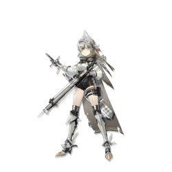 Rule 34 | 1girl, arknights, armor, black shorts, fartooth (arknights), full body, greaves, highres, holding, holding weapon, long sleeves, looking at viewer, norizc, official art, pouch, shirt, short hair, short shorts, shorts, silver hair, solo, standing, thigh strap, thighs, transparent background, weapon, white shirt, yellow eyes