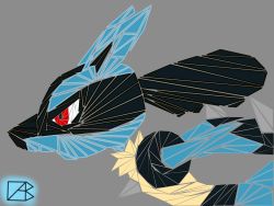Rule 34 | black fur, blazeing crab, blue fur, commentary, creatures (company), english commentary, from side, game freak, gen 4 pokemon, grey background, highres, lucario, nintendo, pokemon, pokemon (creature), profile, red eyes, running, self-upload, signature, simple background, solo, spikes, yellow fur
