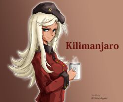 1girl black_hat blonde_hair brown_background coffee_mug cup dark-skinned_female dark_skin dated girls_und_panzer green_eyes hat jacket kilimanjaro_(shimada_fumikane) long_hair looking_at_viewer mug original red_jacket shimada_fumikane signature st._gloriana&#039;s_military_uniform tomokoji