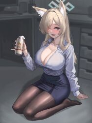 Rule 34 | 1girl, absurdres, alcohol, animal ear fluff, animal ears, beer, beer can, black pantyhose, blonde hair, blue archive, blue eyes, blue halo, blue skirt, blush, breasts, can, cleavage, collared shirt, dndosld73832, drink can, hair over one eye, halo, highres, holding, holding can, indoors, kanna (blue archive), large breasts, long hair, long sleeves, looking at viewer, open mouth, pantyhose, pencil skirt, shirt, sitting, skirt, solo, wariza, white shirt