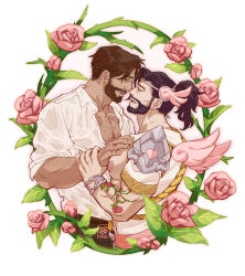 Rule 34 | 2boys, ancient greek clothes, bara, bare pectorals, beard, black hair, cassidy (overwatch), chest hair, collared shirt, couple, cropped legs, cupid, cupid hanzo, dark-skinned male, dark skin, earrings, eye contact, facial hair, floral background, flower tattoo, from side, greco-roman clothes, hand on another&#039;s chest, hanzo (overwatch), heart, heart earrings, high ponytail, interracial, jewelry, large pectorals, looking at another, magical boy, male focus, mature male, minghii, multiple boys, muscular, muscular male, nipples, official alternate costume, overwatch, overwatch 2, partially unbuttoned, pectoral cleavage, pectorals, pink wings, puffy nipples, shirt, short hair, smile, tattoo, textless version, tiara, valentine, wings, yaoi