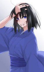 Rule 34 | 1girl, black hair, blood, blood from mouth, blood on clothes, blood on face, blue eyes, colored eyelashes, egomeshi, fate/grand order, fate (series), grey background, japanese clothes, kara no kyoukai, kimono, looking at viewer, mystic eyes of death perception, obi, ryougi shiki, sash, short hair, smile, solo