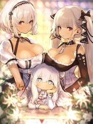 Rule 34 | + +, 3girls, anchor necklace, apron, azur lane, between breasts, blue eyes, breast rest, breasts, breasts on head, choker, cleavage, collarbone, detached collar, double bun, dress, feather trim, flower, formidable (azur lane), hair between eyes, hair bun, hair ribbon, hand on own cheek, hand on own face, head rest, highres, indoors, jewelry, large breasts, le malin (azur lane), long hair, looking at viewer, maid, maid apron, maid headdress, mephisto (angraecum), multiple girls, necklace, red eyes, ribbon, sandwiched, short hair, silver hair, sirius (azur lane), smirk, table, twintails