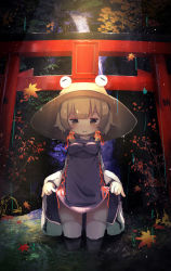 Rule 34 | 1girl, animal print, autumn leaves, blonde hair, breasts, brown hat, chii (tsumami tsumamare), closed mouth, commentary, dress, frog print, hair ornament, hair ribbon, hat, highres, long sleeves, looking at viewer, moriya suwako, outdoors, parted bangs, partially submerged, purple dress, purple skirt, red ribbon, ribbon, short hair, shrine, skirt, skirt hold, small breasts, solo, thighhighs, torii, touhou, turtleneck, wading, white thighhighs, wide sleeves, yellow eyes