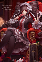 Rule 34 | 10s, 1girl, black hair, bonnet, bow, card, celestia ludenberg, character name, claw ring, crossed legs, danganronpa: trigger happy havoc, danganronpa (series), dress, drill hair, frilled dress, frilled sleeves, frills, gothic lolita, highres, holding, holding card, joker (playing card), jurrig, lolita fashion, long sleeves, looking at viewer, md5 mismatch, nail polish, necktie, pantyhose, playing card, red eyes, resolution mismatch, ribbon, sitting, solo, source smaller, thighhighs, throne, title, twin drills