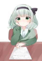 Rule 34 | 1girl, black hairband, black ribbon, blurry, blurry background, blush, chair, closed mouth, collared shirt, commentary request, depth of field, dress shirt, eringi (rmrafrn), green eyes, green hair, green sweater, hair ribbon, hairband, hand up, highres, konpaku youmu, konpaku youmu (ghost), long hair, long sleeves, looking at viewer, on chair, paper, ribbon, school uniform, shirt, simple background, sitting, sleeves past wrists, solo, sweater, touhou, v-shaped eyebrows, white background, white shirt
