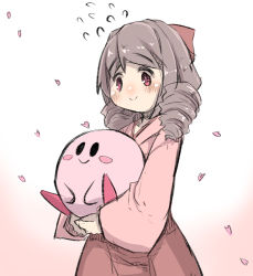 Rule 34 | 1girl, bad id, bad pixiv id, blush, blush stickers, bow, brown hair, closed mouth, crossover, drill hair, flying sweatdrops, gradient background, hair bow, hakama, hakama skirt, harukaze (kancolle), highres, holding, japanese clothes, kantai collection, kimono, kirby, kirby (series), long hair, long sleeves, nintendo, petals, pink background, pink kimono, red bow, red eyes, red hakama, short kimono, skirt, smile, solid oval eyes, u-non (annon&#039;an), white background