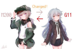 Rule 34 | 2girls, absurdres, arrow (symbol), character name, cosplay, costume switch, english text, g11 (girls&#039; frontline), g11 (girls&#039; frontline) (cosplay), girls&#039; frontline, grey hair, highres, jacket, lexis yayoi, long hair, m200 (girls&#039; frontline) (cosplay), m200 (girls&#039; frontline), multiple girls, necktie, ponytail, purple eyes, scarf, shorts, skirt, white hair
