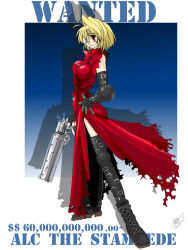 Rule 34 | 1girl, agl arms .45 long colt, arcueid brunestud, belt, blonde hair, boots, break-action revolver, coat, cosplay, english text, engrish text, fingerless gloves, glasses, gloves, gun, hand on own hip, handgun, high collar, kieyza, long coat, low bore axis revolver, parody, ranguage, red coat, red eyes, revolver, short hair, sleeveless, solo, thighhighs, torn clothes, torn sleeves, trigun, tsukihime, vash the stampede, vash the stampede (cosplay), weapon
