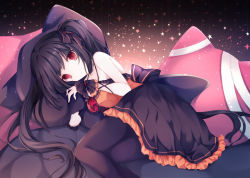 Rule 34 | 1girl, bare shoulders, black bow, black dress, black hair, black pantyhose, bow, breasts, commentary request, dress, frills, kurumi mashiro, long hair, looking at viewer, lying, on side, orange dress, original, pantyhose, pillow, red eyes, small breasts, solo, star (symbol), wristband