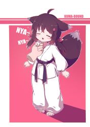 Rule 34 | 1girl, 1other, = =, absurdres, ahoge, animal ear fluff, animal ears, artist name, barefoot, belt, black belt, black hair, border, chinese commentary, commentary request, disembodied hand, dot nose, dougi, fangs, full body, highres, kuma-bound, low twintails, martial arts belt, medium hair, open mouth, original, pants, red background, smile, standing, tail, tickling, tickling face, toes, twintails, white border, white pants