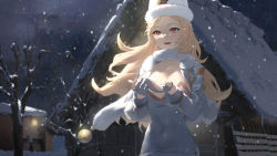Rule 34 | 1girl, absurdres, bare tree, bell, blonde hair, breasts, cleavage, cloud, cloudy sky, dress, floating hair, fur-trimmed dress, fur-trimmed jacket, fur trim, gloves, goddess of victory: nikke, hat, highres, jacket, jingle bell, lamp, large breasts, light smile, log cabin, long hair, looking ahead, ludmilla (nikke), moonlight, night, partially fingerless gloves, seon (seonon ), skin tight, sky, snow, snowing, solo, tree