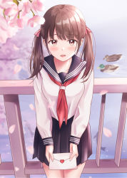 Rule 34 | 1girl, animal, bird, black sailor collar, black skirt, blurry, blurry background, blush, brown eyes, brown hair, cherry blossoms, collarbone, commentary request, day, depth of field, duck, envelope, flower, hair ribbon, heart, highres, holding, holding envelope, letter, long hair, long sleeves, looking at viewer, love letter, neckerchief, open mouth, original, outdoors, petals, pink flower, pink ribbon, pleated skirt, railing, red neckerchief, ribbon, sailor collar, school uniform, serafuku, shirt, skirt, sleeves past wrists, solo, twintails, white shirt, yukimaru217