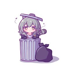 Rule 34 | 1girl, animal ears, aya chan1221, bug, closed mouth, commentary, english commentary, extra ears, fly, highres, honkai: star rail, honkai (series), in trash can, insect, looking at viewer, raccoon ears, raccoon girl, raccoon tail, shirt, simple background, solo, stelle (honkai: star rail), tail, trailblazer (honkai: star rail), trash bag, trash can, white shirt, yellow eyes