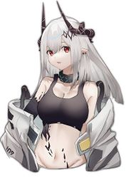 Rule 34 | 1girl, absurdres, arknights, arurire, breasts, commentary request, highres, horns, infection monitor (arknights), large breasts, long hair, looking at viewer, material growth, mudrock (arknights), oripathy lesion (arknights), parted lips, pointy ears, red eyes, silver hair, simple background, solo, sports bra, white background