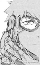 Rule 34 | 1boy, artist name, bleach, close-up, crossover, deviantart username, dieselpunk, gloves, goggles, greyscale, hand up, kurosaki ichigo, looking at viewer, mad max, mad max: fury road, male focus, monochrome, sideburn004, smile, solo, traditional media, white background