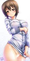 Rule 34 | 10s, 1girl, blush, bottomless, breasts, brown eyes, brown hair, censored, clothes pull, commentary request, covered erect nipples, dated, girls und panzer, kamogawa tanuki, large breasts, legs together, light censor, long sleeves, looking at viewer, nishizumi maho, no bra, no panties, see-through, shiny skin, shirt, shirt pull, short hair, smile, solo, standing, striped clothes, striped shirt, wet, wet clothes, wet shirt