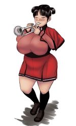 Rule 34 | 1girl, bad id, bad twitter id, black hair, blush, breasts, closed eyes, curvy, full body, highres, huge breasts, instrument, original, plump, short hair, simple background, smile, solo, standing, thick thighs, thighs, toroboro, trumpet