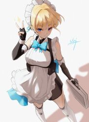 Rule 34 | 1girl, absurdres, apron, bare shoulders, black dress, black gloves, blonde hair, blue archive, blue eyes, blue ribbon, blush, boots, bow, bowtie, braid, breasts, briefcase, bun cover, chest harness, dress, earpiece, elbow gloves, fingerless gloves, french braid, gloves, hair bun, hair ribbon, halo, harness, highres, looking at viewer, maid headdress, pouch, ribbon, short dress, short hair, single hair bun, sleeveless, sleeveless dress, small breasts, solo, sparkle, thigh boots, thighs, toki (blue archive), unique (pixiv12704744), v, white apron, white footwear
