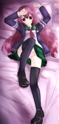 1girl black_thighhighs blue_jacket brown_hair crescent crescent_pin full_body green_sailor_collar green_skirt hair_ornament highres jacket kantai_collection kisaragi_(kancolle) kisaragi_kai_ni_(kancolle) long_hair mf_u_c neckerchief panties pink_panties pleated_skirt purple_eyes red_neckerchief sailor_collar school_uniform serafuku shirt skirt solo thighhighs underwear white_shirt