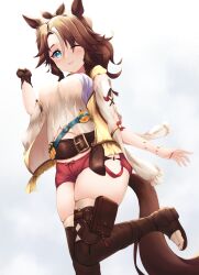 Rule 34 | 1girl, akiyama neo, animal ears, aqua eyes, atelier (series), atelier ryza, atelier ryza 1, belt, boots, bow, bridal legwear, brown bow, brown gloves, brown thighhighs, clothing cutout, commentary request, cosplay, curvy, eyes visible through hair, foot out of frame, from below, gloves, hat, hat bow, highres, horse ears, horse girl, horse tail, jacket, leather, leather boots, looking at viewer, medium hair, mejiro palmer (umamusume), midriff peek, noguchi yuri, one eye closed, open clothes, open jacket, parted lips, potion, pouch, red shorts, reisalin stout, reisalin stout (cosplay), short shorts, shorts, shoulder cutout, single glove, skindentation, solo, tail, thick thighs, thigh pouch, thighhighs, thighhighs under boots, thighs, toeless footwear, umamusume, voice actor connection, wavy hair, white hat, yellow jacket