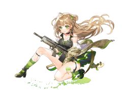 Rule 34 | 1girl, artist request, assault rifle, bad id, bad twitter id, bare shoulders, blush, breasts, brown hair, cleavage, collarbone, commentary, dog tags, dress, full body, fur trim, girls&#039; frontline, green eyes, gun, hair bun, holding, holding weapon, jacket, long hair, looking at viewer, medium breasts, off shoulder, open clothes, open jacket, rfb (girls&#039; frontline), rifle, short dress, simple background, single hair bun, socks, solo, striped clothes, striped legwear, striped socks, thigh strap, trigger discipline, vertical-striped clothes, vertical-striped socks, weapon, white background