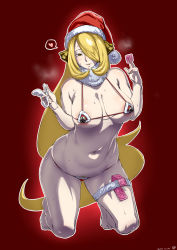 Rule 34 | 1girl, absurdres, aneros, bad id, bad pixiv id, barefoot, belly, blonde hair, breasts, brown eyes, christmas, colored skin, condom, condom packet strip, condom wrapper, creatures (company), cynthia (pokemon), female pubic hair, full body, game freak, hair over one eye, hat, heart, heart-shaped pupils, highres, ikuchan kaoru, kneeling, large breasts, long hair, md5 mismatch, multicolored skin, navel, nintendo, pokemon, pokemon dppt, prostate massager, pubic hair, pubic hair peek, resolution mismatch, santa hat, sex toy, solo, source smaller, spoken heart, sweat, symbol-shaped pupils, thigh strap, thighs, very long hair