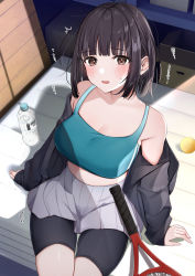Rule 34 | 1girl, bare shoulders, black hair, black jacket, blue sports bra, blush, bottle, breasts, cleavage, commentary request, from above, grey skirt, highres, jacket, large breasts, long sleeves, looking at viewer, looking up, off shoulder, open clothes, open jacket, original, parted lips, racket, short hair, sitting, skirt, solo, sports bra, tennis racket, thighs, uiri-na, water bottle