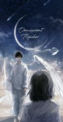 Rule 34 | 1boy, 1girl, angel wings, black hair, child, cloud, collared shirt, copyright name, crescent, evl 1230, feathers, han sooyoung, highres, kim dokja, korean commentary, long sleeves, looking at another, medium hair, omniscient reader&#039;s viewpoint, parted lips, shirt, shooting star, short hair, sky, spoilers, star (sky), starry sky, white wings, wind, wings