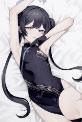 1girl armpits arms_up bare_shoulders black_dress black_gloves black_hair blue_archive blush braid braided_bun breasts butterfly_hair_ornament china_dress chinese_clothes commentary_request double_bun dragon_print dress gloves grey_eyes hair_bun hair_ornament half_gloves halo highres kisaki_(blue_archive) long_hair lying on_back pelvic_curtain short_dress side_slit small_breasts solo sumi_(gfgf_045) thighs twintails