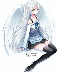 Rule 34 | 10s, 1girl, 2016, angel wings, artist name, black thighhighs, blue ribbon, dated, green eyes, long hair, looking at viewer, mariel (soccer spirits), non-web source, ponytail, ribbon, shoes, sitting, skirt, soccer spirits, solo, thighhighs, white hair, wings, yellow eyes