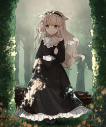 Rule 34 | 1girl, animal ears, black dress, black footwear, black hairband, blue eyes, blurry, blurry foreground, brown flower, brown hair, closed mouth, commentary request, day, depth of field, dress, flower, frilled dress, frilled hairband, frills, full body, hairband, hand up, highres, koto (shiberia39), long hair, long sleeves, looking at viewer, original, outdoors, puffy long sleeves, puffy sleeves, sheep ears, sheep girl, sheep tail, shoes, signature, sleeves past wrists, smile, solo, standing, tail, tree, very long hair
