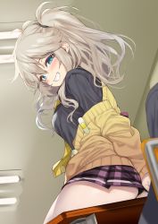 Rule 34 | 1girl, 1other, ass, black panties, black shirt, blue eyes, blush, brown cardigan, brown hair, cardigan, chair, commentary request, desk, from below, grin, hair between eyes, highres, indoors, kasukabe tsumugi, long hair, looking at viewer, looking back, off shoulder, on desk, panties, plaid, plaid skirt, pleated skirt, purple skirt, school chair, school desk, school uniform, shirt, sitting, skirt, smile, solo focus, two side up, underwear, voiceroid, yappen