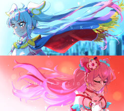 Rule 34 | 2girls, absurdres, ahoge, blue cape, blue eyes, blue hair, bow, brooch, cape, character name, choker, closed eyes, closed mouth, commentary, cone hair bun, cure precious, cure sky, cut bangs, delicious party precure, dress, earclip, earrings, facing to the side, frilled hairband, frills, gloves, hair bow, hair bun, hairband, heart, heart brooch, highres, hirogaru sky! precure, in-franchise crossover, jewelry, kome-kome (precure), long hair, looking to the side, magical girl, multicolored hair, multiple girls, nagomi yui, off-shoulder dress, off shoulder, pink hair, precure, red bow, red cape, red choker, in-franchise crossover, single sidelock, smile, sora harewataru, streaked hair, tsukuda hayato, twintails, two-sided cape, two-sided fabric, two side up, white gloves, wind, wing hair ornament
