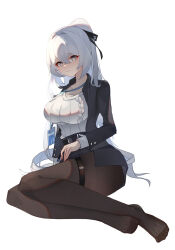 1girl black_pantyhose blue_skirt blue_vest breasts bronya_zaychik bronya_zaychik_(outstanding_attitude) bronya_zaychik_(silverwing:_n-ex) cleavage closed_mouth grey_eyes grey_hair grey_sweater hair_between_eyes highres honkai_(series) honkai_impact_3rd id_card large_breasts long_hair looking_at_viewer lying no_shoes on_side pantyhose skirt solo sweater thigh_strap toes vest white_background yuan_zhen