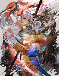 Rule 34 | 1boy, 1girl, dual wielding, elbow gloves, fangs, flower, gauntlets, gloves, hair flower, hair ornament, holding, liduke, midriff, parted lips, red eyes, shorts, skirt, smile, sword, thighhighs, weapon, white hair